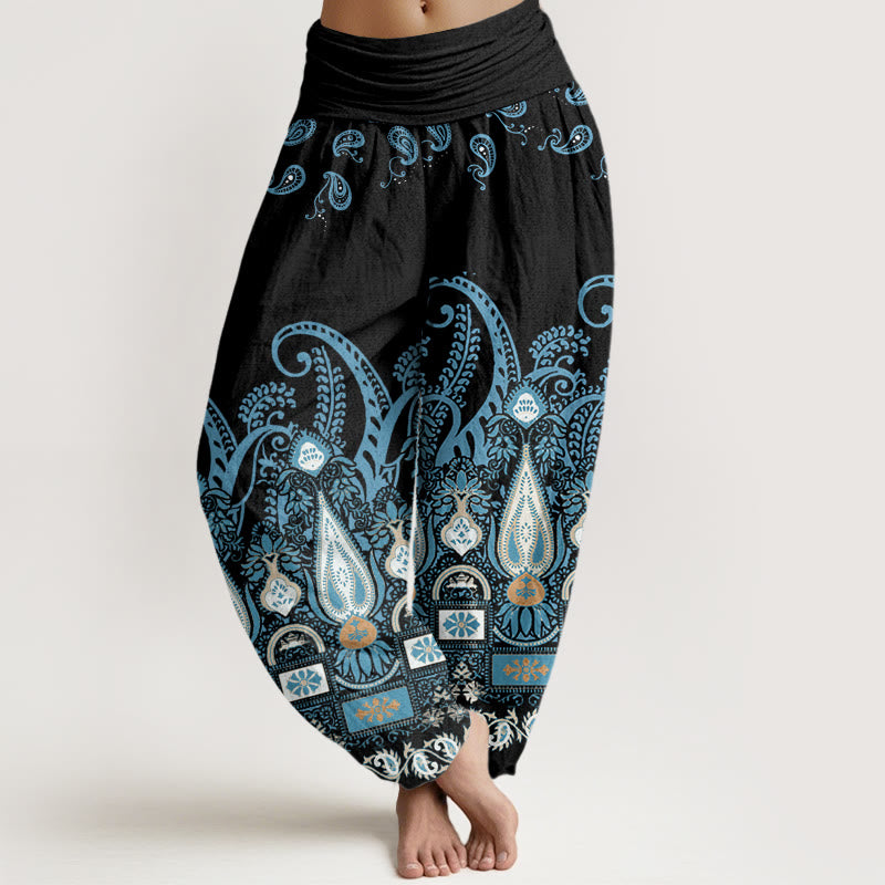 Buddha Stones Paisley Floral Pattern Women's Elastic Waist Harem Pants - Black - US22，UK/AU26，EU54 (6XL) - image 1