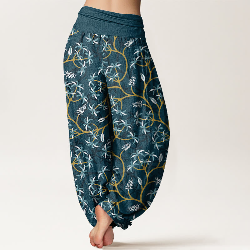 Buddha Stones Golden Branches Leaves Flower Pattern Women's Elastic Waist Harem Pants - image 2