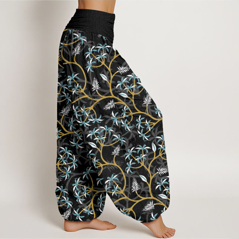 Buddha Stones Golden Branches Leaves Flower Pattern Women's Elastic Waist Harem Pants - image 10