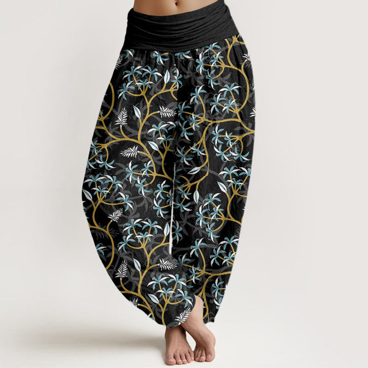 Buddha Stones Golden Branches Leaves Flower Pattern Women's Elastic Waist Harem Pants - Black - US22，UK/AU26，EU54 (6XL) - image 8