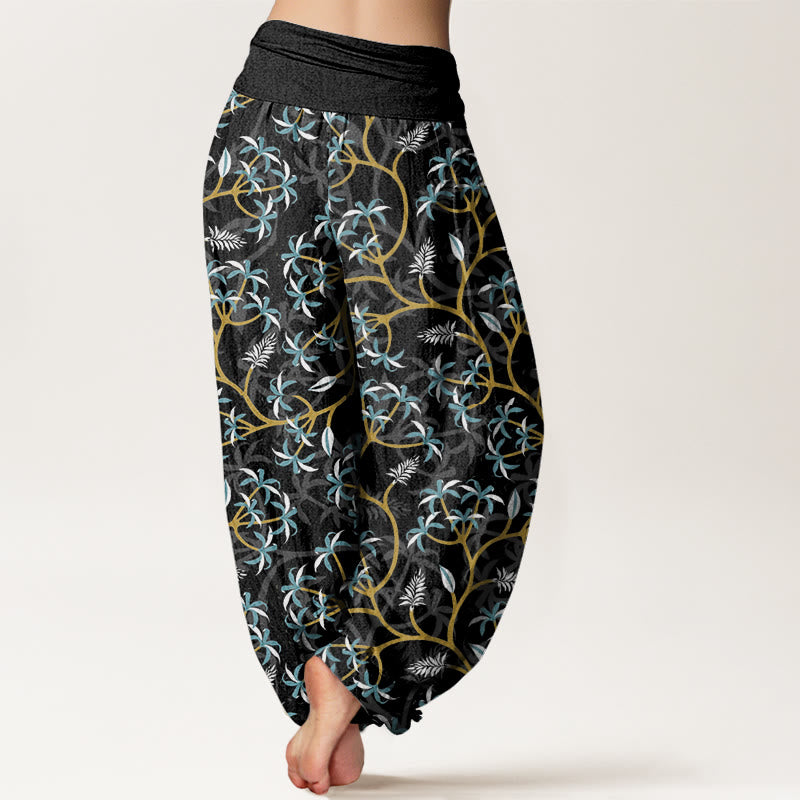 Buddha Stones Golden Branches Leaves Flower Pattern Women's Elastic Waist Harem Pants - image 9