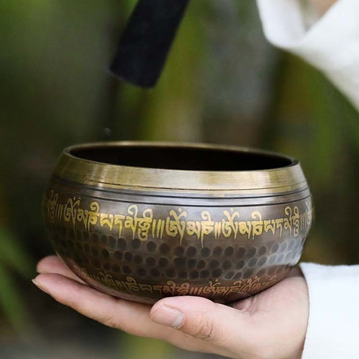 Buddha Stones Handcrafted Singing Bowl Scripture Pattern for Healing and Meditation Sound Bowl Set - image 0