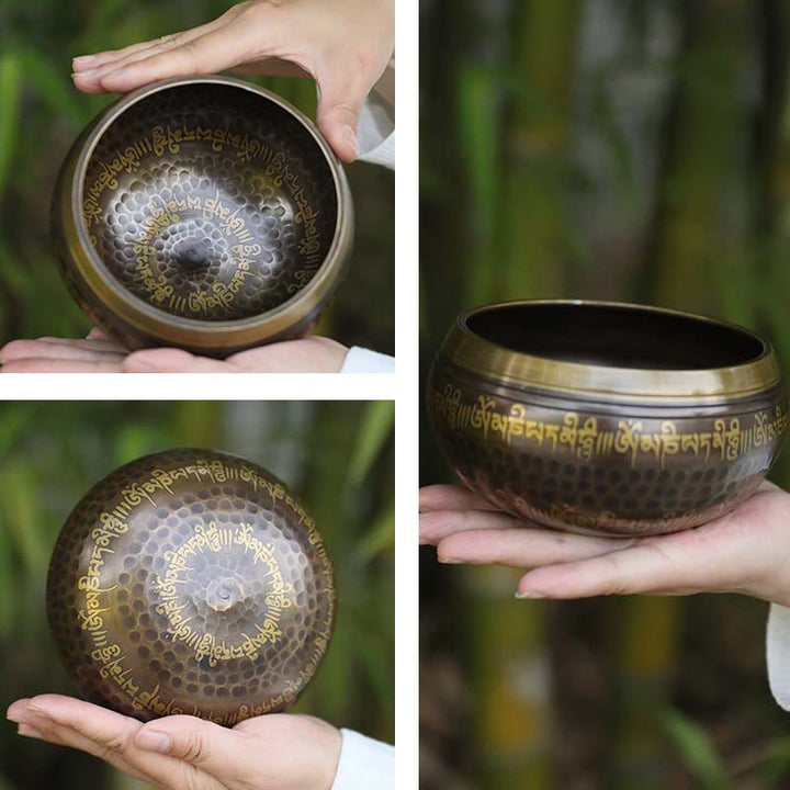 Buddha Stones Handcrafted Singing Bowl Scripture Pattern for Healing and Meditation Sound Bowl Set - image 6