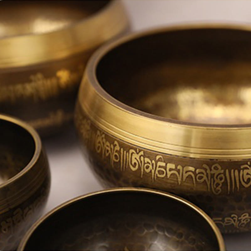 Buddha Stones Handcrafted Singing Bowl Scripture Pattern for Healing and Meditation Sound Bowl Set - image 9