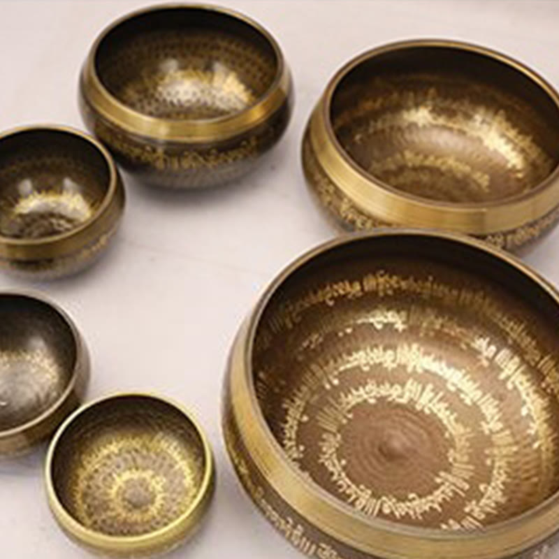 Buddha Stones Handcrafted Singing Bowl Scripture Pattern for Healing and Meditation Sound Bowl Set - image 11
