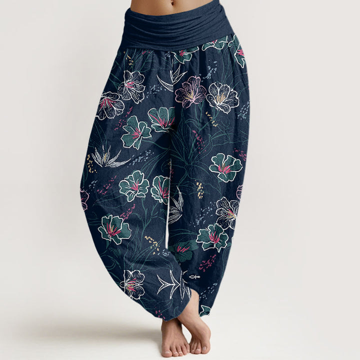 Buddha Stones Casual Tropical Flowers Foliage Pattern Women's Elastic Waist Harem Pants - MidnightBlue - US22，UK/AU26，EU54 (6XL) - image 1