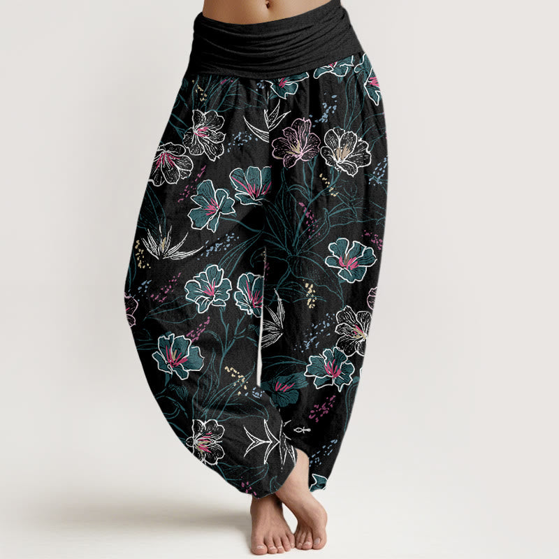 Buddha Stones Casual Tropical Flowers Foliage Pattern Women's Elastic Waist Harem Pants - Black - US22，UK/AU26，EU54 (6XL) - image 8