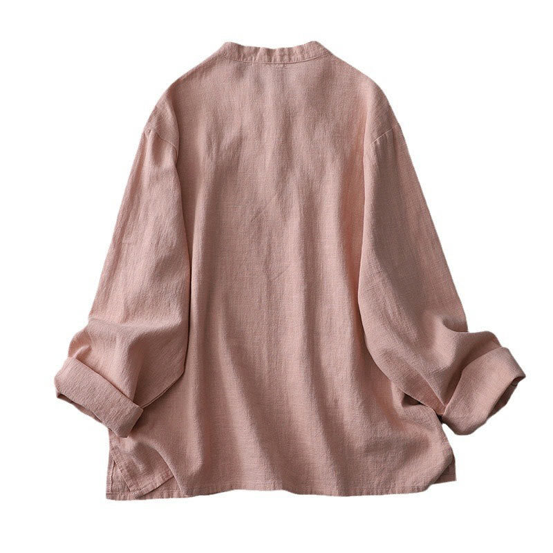Buddha Stones Vintage Chinese Frog-Button Design Stand Collar Zen Women's Long Sleeve Cotton Linen Shirt - image 5