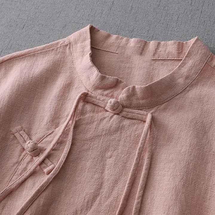 Buddha Stones Vintage Chinese Frog-Button Design Stand Collar Zen Women's Long Sleeve Cotton Linen Shirt - image 2