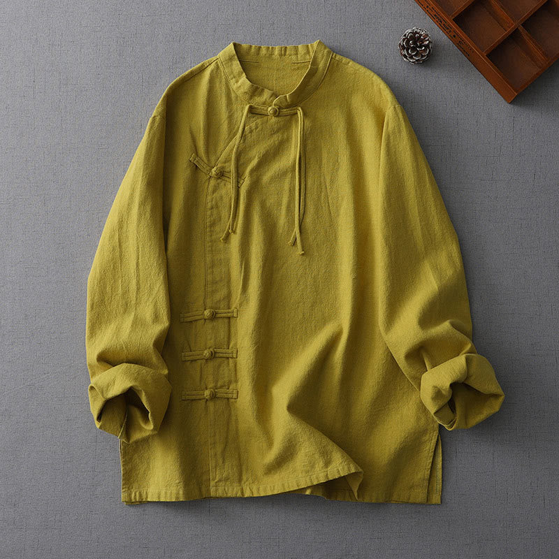 Buddha Stones Vintage Chinese Frog-Button Design Stand Collar Zen Women's Long Sleeve Cotton Linen Shirt - YellowGreen - US8-10，UK/AU12-14，EU40-42 (2XL) - image 6