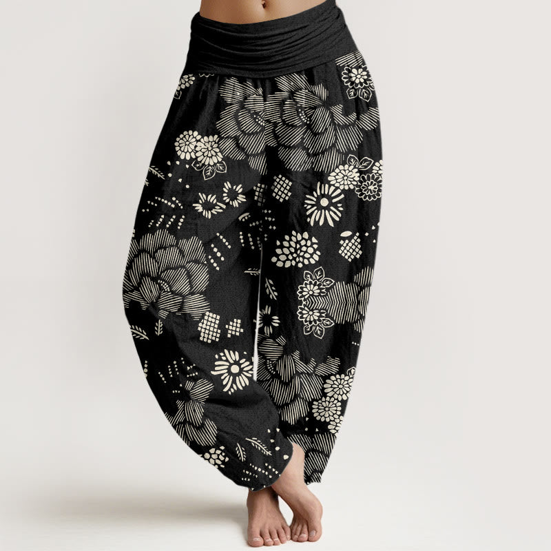 Buddha Stones Casual Floral Line Design Pattern Women's Elastic Waist Harem Pants - Black - US22，UK/AU26，EU54 (6XL) - image 1