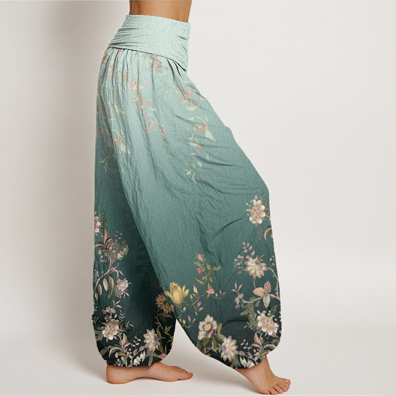 Buddha Stones Cotton Casual Gradient Delicate Floral Leaf Pattern Women's Elastic Waist Harem Pants - image 1