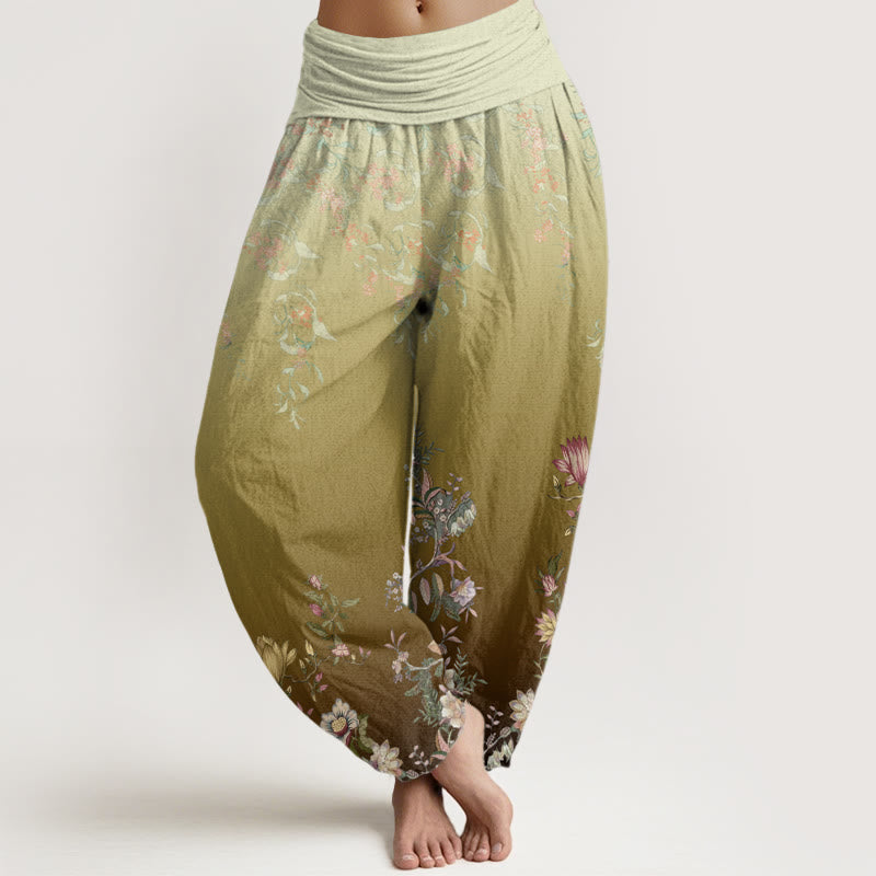 Buddha Stones Casual Gradient Delicate Floral Leaf Pattern Women's Elastic Waist Harem Pants - DarkKhaki - US22，UK/AU26，EU54 (6XL) - image 7