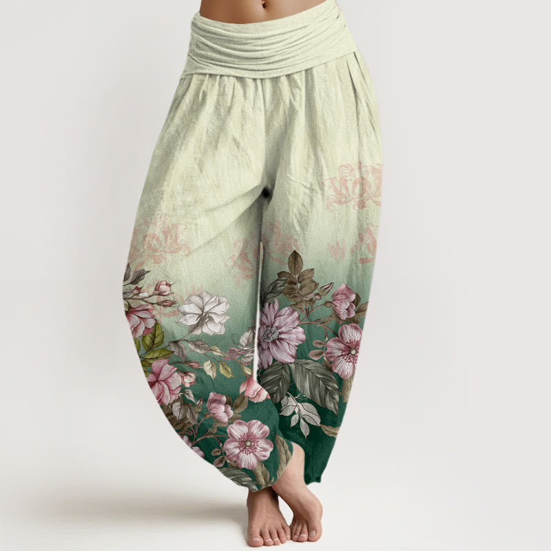 Buddha Stones Cotton Casual Gradient Petals Leaves Pattern Women's Elastic Waist Harem Pants - Green - US22，UK/AU26，EU54 (6XL) - image 0