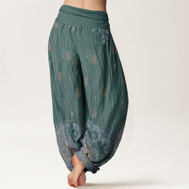 Buddha Stones Casual Paisley Plant Leaves Wavy Line Pattern Women's Elastic Waist Harem Pants - image 7