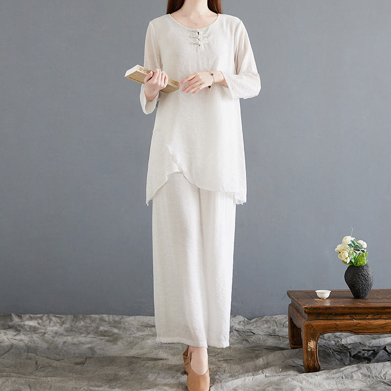 Buddha Stones 2Pcs Beige Chinese Frog-Button Design Long Sleeve Shirt Top Pants Meditation Zen Tai Chi Cotton Linen Clothing Women's Set - image 3