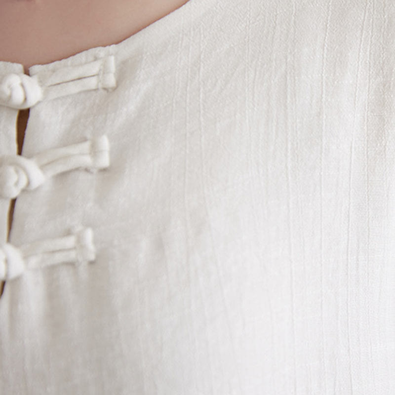 Buddha Stones 2Pcs Beige Chinese Frog-Button Design Long Sleeve Shirt Top Pants Meditation Zen Tai Chi Cotton Linen Clothing Women's Set - image 9