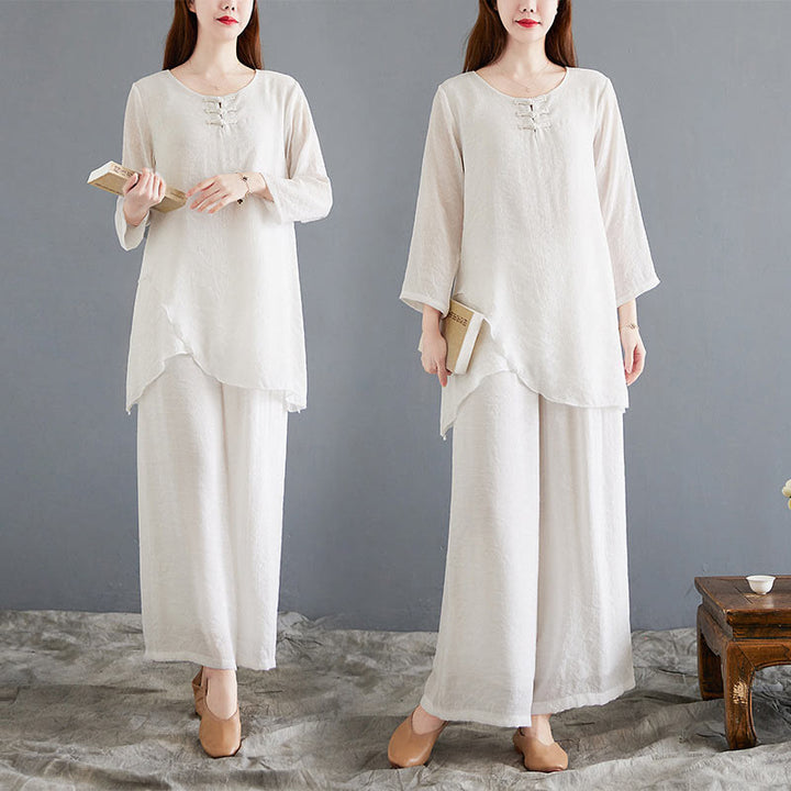 Buddha Stones 2Pcs Beige Chinese Frog-Button Design Long Sleeve Shirt Top Pants Meditation Zen Tai Chi Cotton Linen Clothing Women's Set - image 20