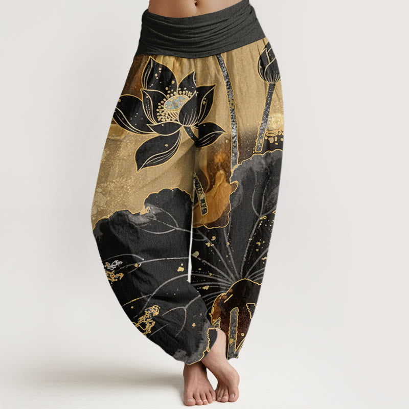 Buddha Stones Casual Lotus Petal Pattern Women's Elastic Waist Harem Pants - Black - US22，UK/AU26，EU54 (6XL) - image 1