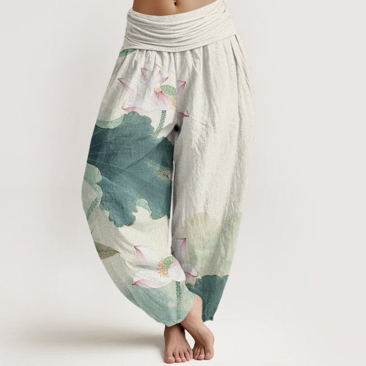 Buddha Stones Cotton Casual Lotus Petal Pods Pattern Women's Elastic Waist Harem Pants - MediumAquamarine - US22，UK/AU26，EU54 (6XL) - image 0