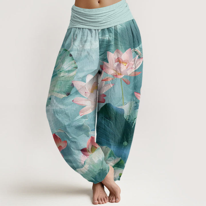 Buddha Stones Cotton Casual Lotus Petal Pond Pattern Women's Elastic Waist Harem Pants - PaleTurquoise - US22，UK/AU26，EU54 (6XL) - image 0