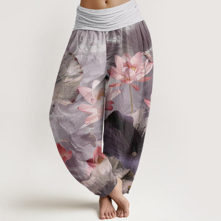 Buddha Stones Cotton Casual Lotus Petal Pond Pattern Women's Elastic Waist Harem Pants - Thistle - US22，UK/AU26，EU54 (6XL) - image 4