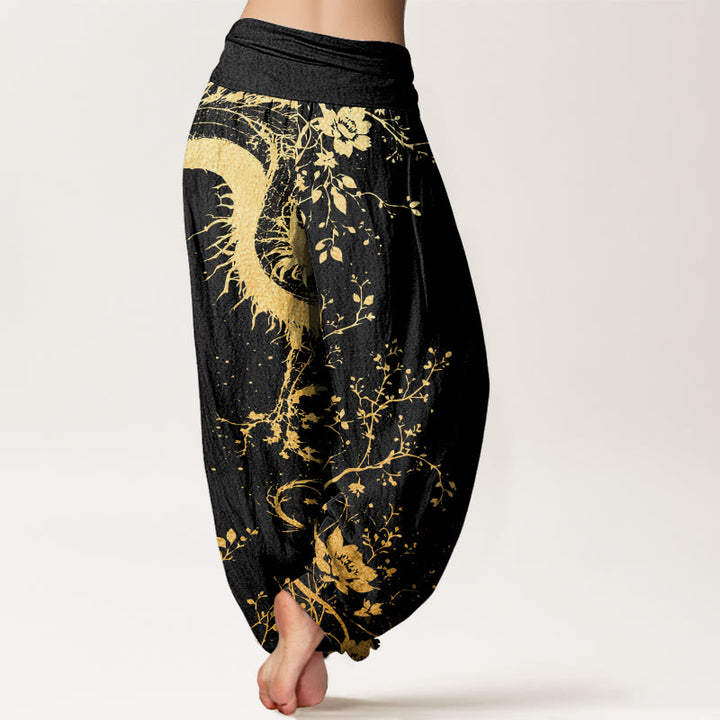 Buddha Stones Cotton Casual Dragon Flower Leaf Pattern Women's Elastic Waist Harem Pants - image 2
