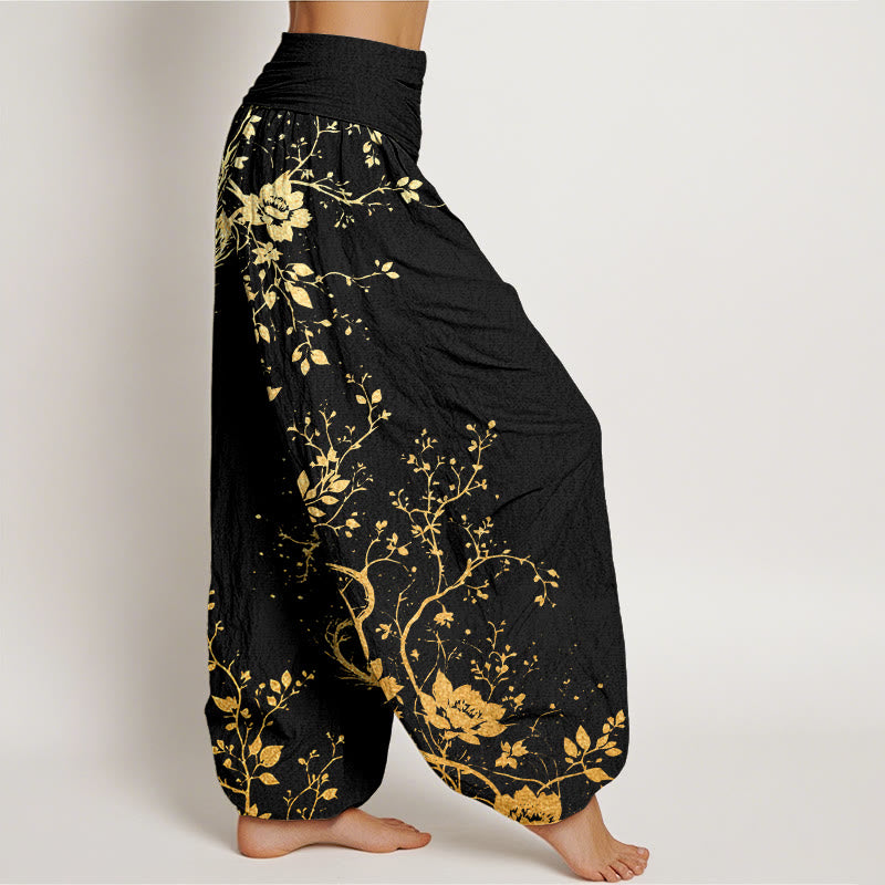 Buddha Stones Casual Dragon Flower Leaf Pattern Women's Elastic Waist Harem Pants - image 2