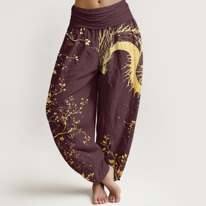 Buddha Stones Casual Dragon Flower Leaf Pattern Women's Elastic Waist Harem Pants - Maroon - US22，UK/AU26，EU54 (6XL) - image 5