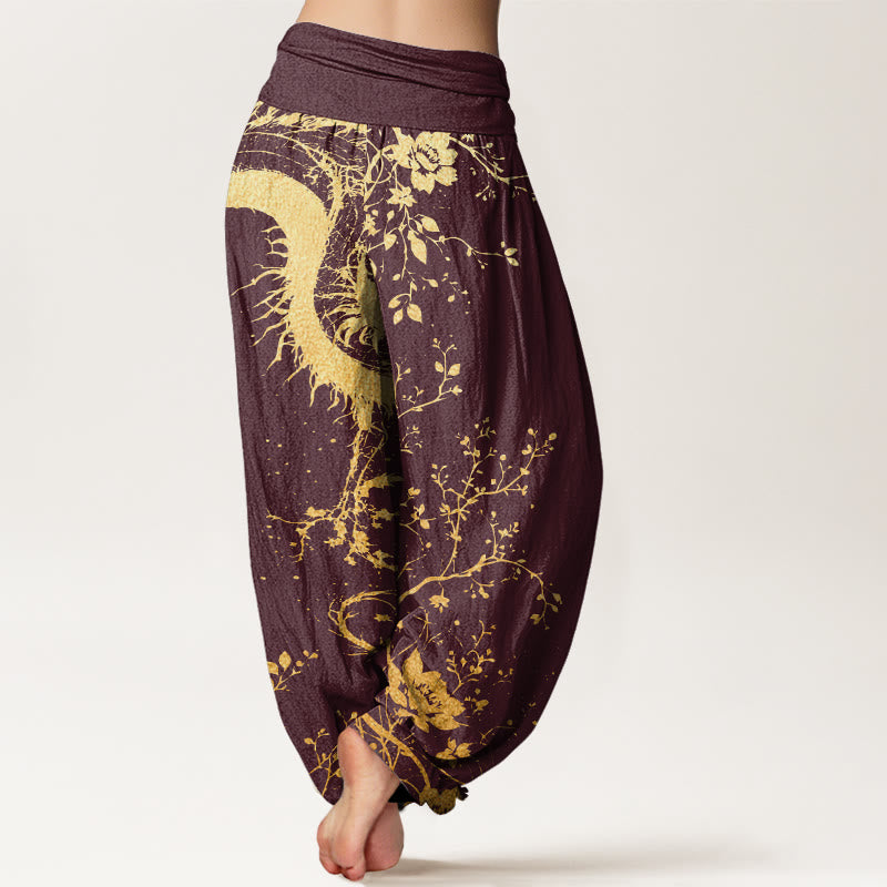 Buddha Stones Casual Dragon Flower Leaf Pattern Women's Elastic Waist Harem Pants - image 7