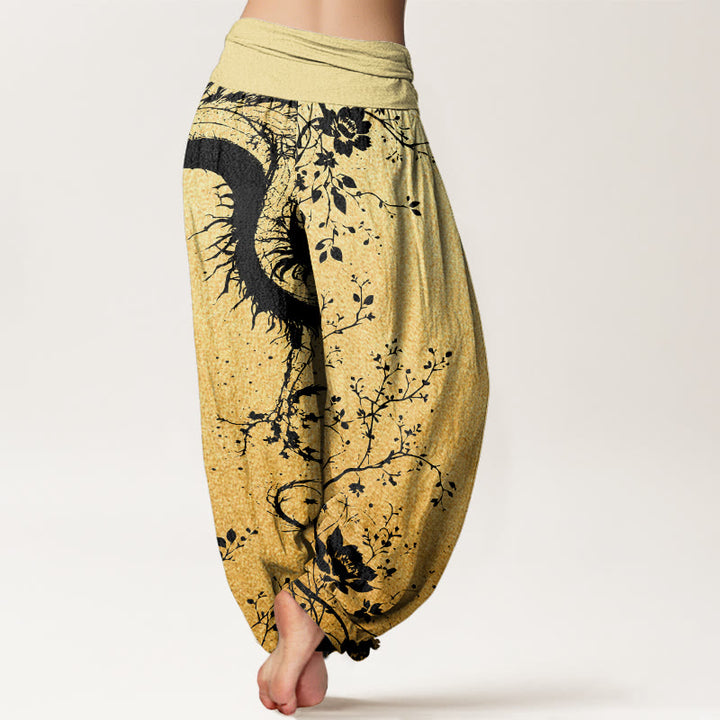 Buddha Stones Casual Dragon Flower Leaf Pattern Women's Elastic Waist Harem Pants - image 10