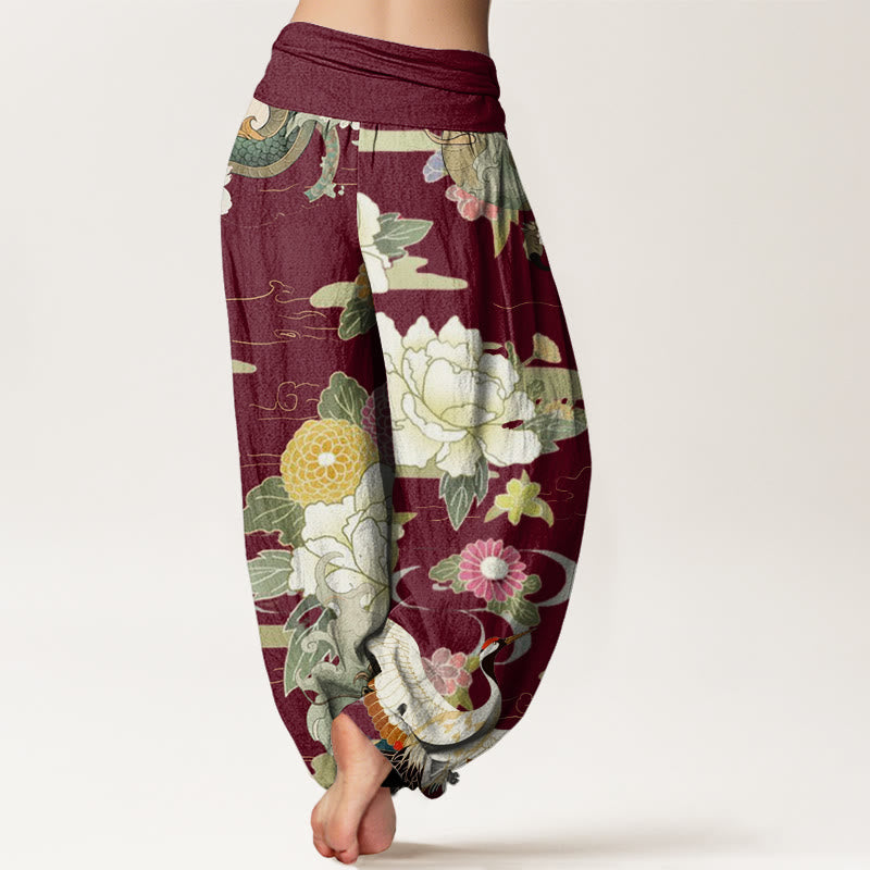 Buddha Stones Cotton Casual Dragon Red-crowned Crane Peony Flower Pattern Women's Elastic Waist Harem Pants - image 2