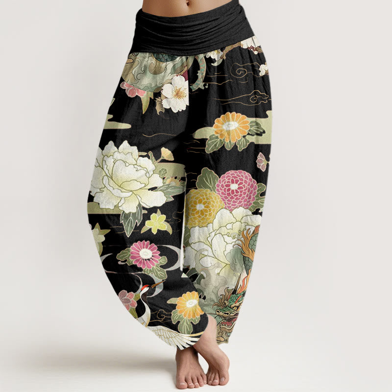 Buddha Stones Casual Dragon Red-crowned Crane Peony Flower Pattern Women's Elastic Waist Harem Pants - Black - US22，UK/AU26，EU54 (6XL) - image 5