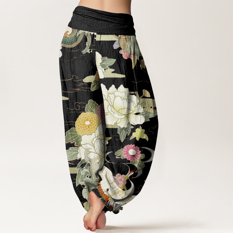 Buddha Stones Casual Dragon Red-crowned Crane Peony Flower Pattern Women's Elastic Waist Harem Pants - image 7