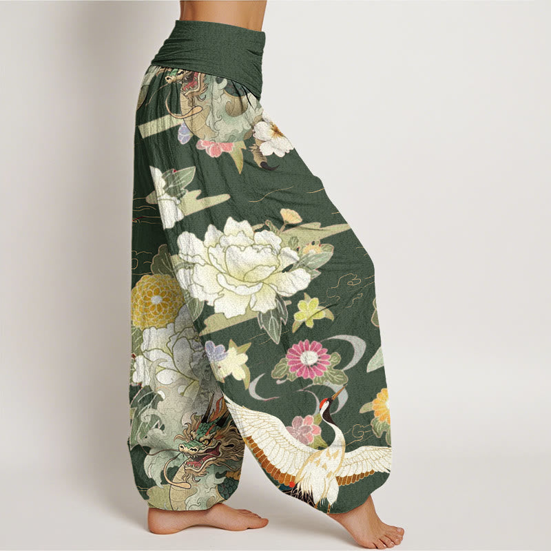 Buddha Stones Casual Dragon Red-crowned Crane Peony Flower Pattern Women's Elastic Waist Harem Pants - image 9