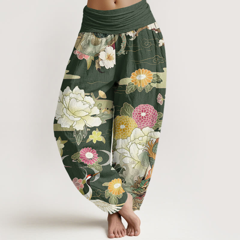 Buddha Stones Casual Dragon Red-crowned Crane Peony Flower Pattern Women's Elastic Waist Harem Pants - OliveDrab - US22，UK/AU26，EU54 (6XL) - image 8