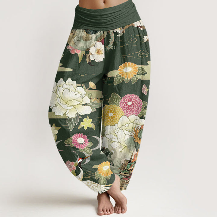 Buddha Stones Casual Dragon Red-crowned Crane Peony Flower Pattern Women's Elastic Waist Harem Pants - OliveDrab - US22，UK/AU26，EU54 (6XL) - image 8