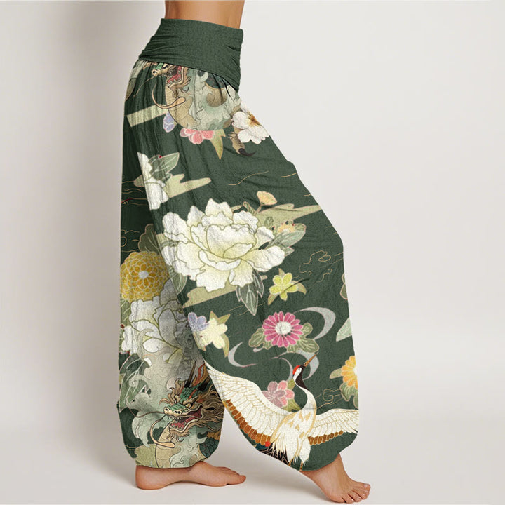 Buddha Stones Cotton Casual Dragon Red-crowned Crane Peony Flower Pattern Women's Elastic Waist Harem Pants - image 8