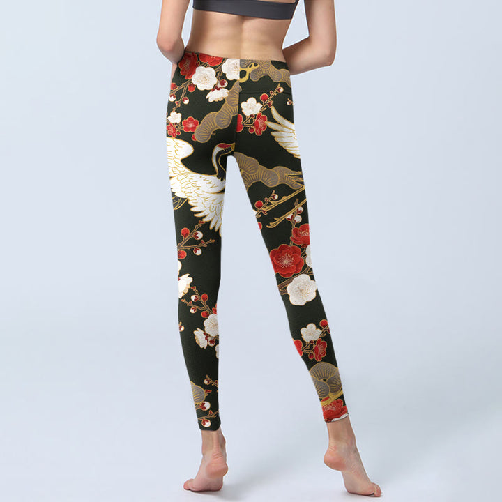 Buddha Stones Red Crowned Cranes Plum Blossoms Branches Pattern Print Gym Leggings Women's Yoga Pants - image 6