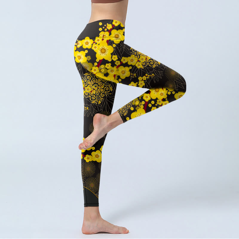Buddha Stones Yellow Cherry Blossoms Bamboo Leaves Firework Pattern Print Gym Leggings Women's Yoga Pants - image 3