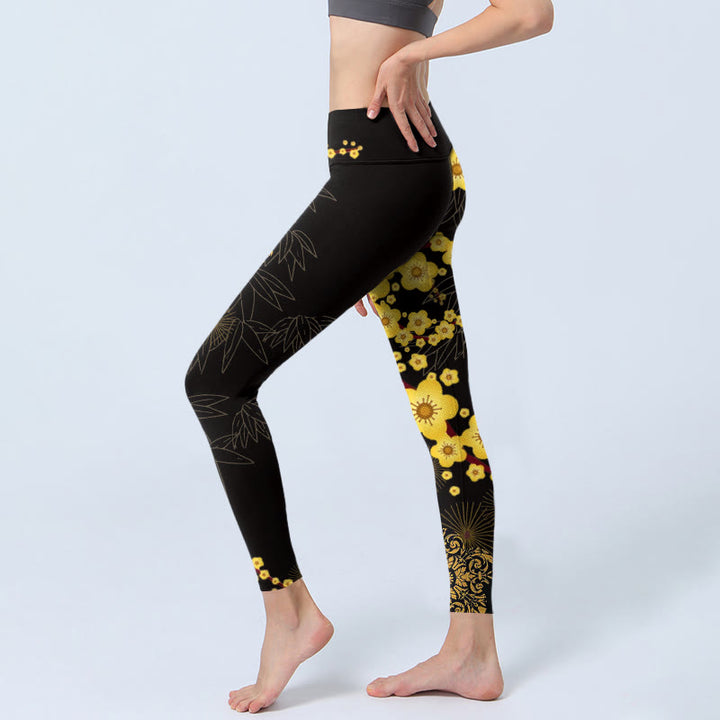 Buddha Stones Yellow Cherry Blossoms Bamboo Leaves Firework Pattern Print Gym Leggings Women's Yoga Pants - image 2