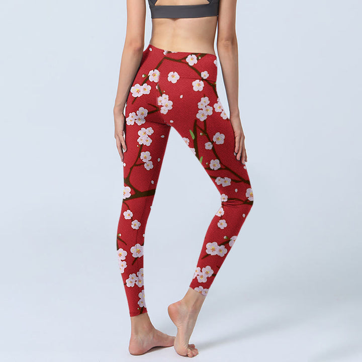 Buddha Stones Plum Blossoms Branches Leaves Pattern Print Gym Leggings Women's Yoga Pants - image 3