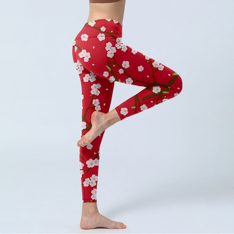 Buddha Stones Plum Blossoms Branches Leaves Pattern Print Gym Leggings Women's Yoga Pants - image 4