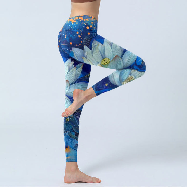 Buddha Stones Blooming White Lotus Pattern Print Gym Leggings Women's Yoga Pants - image 3