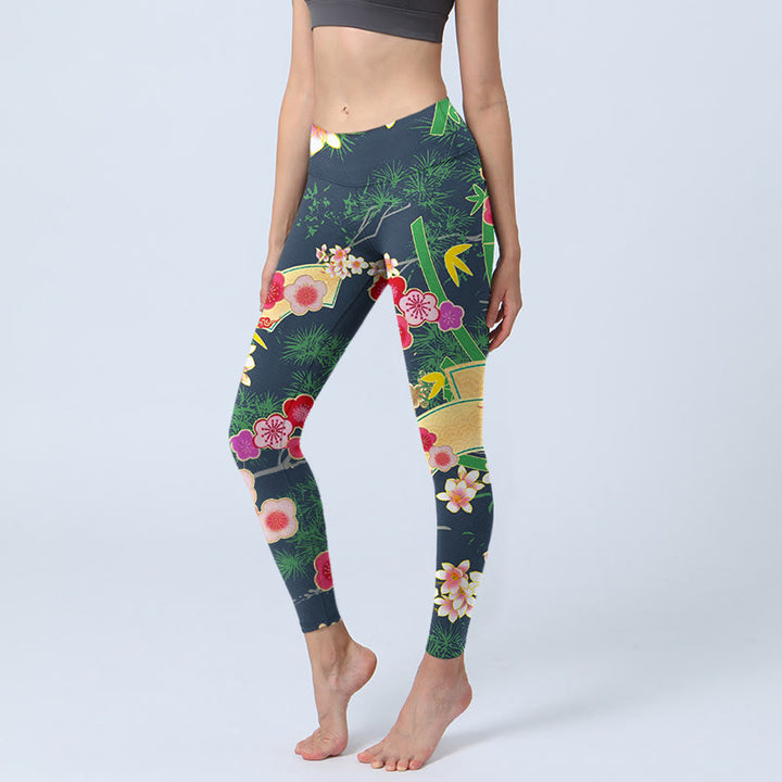 Buddha Stones Cherry Blossoms Bamboo Pine Tree Print Gym Leggings Women's Yoga Pants - DarkGreen - US18，UK/AU22，EU50 (4XL) - image 0