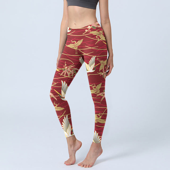 Buddha Stones Flying Cranes Slender Branches Print Gym Leggings Women's Yoga Pants - FireBrick - US18，UK/AU22，EU50 (4XL) - image 0
