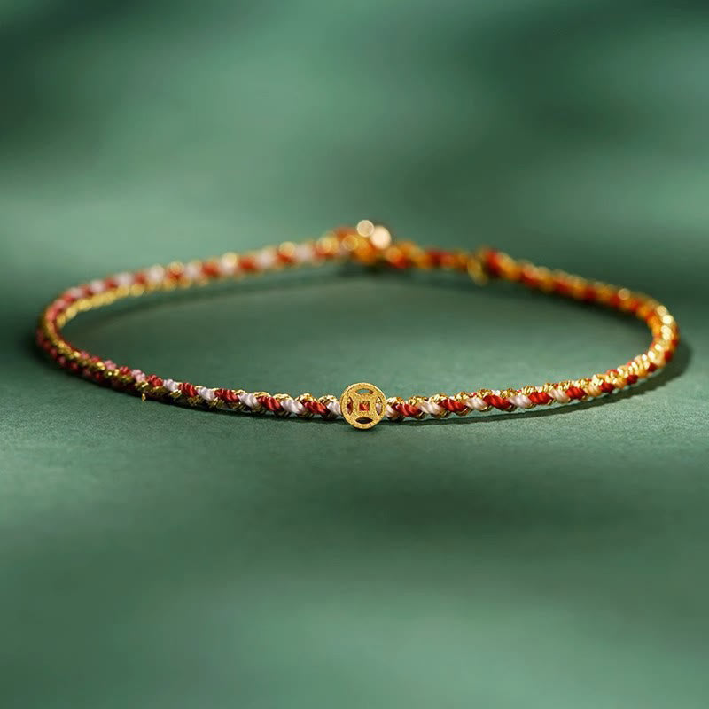 Buddha Stones Colorful Rope Luck Coin Bead Abundance Extra Thin Braided Bracelet - Red - Rope With Copper Coin - 20cm - image 7