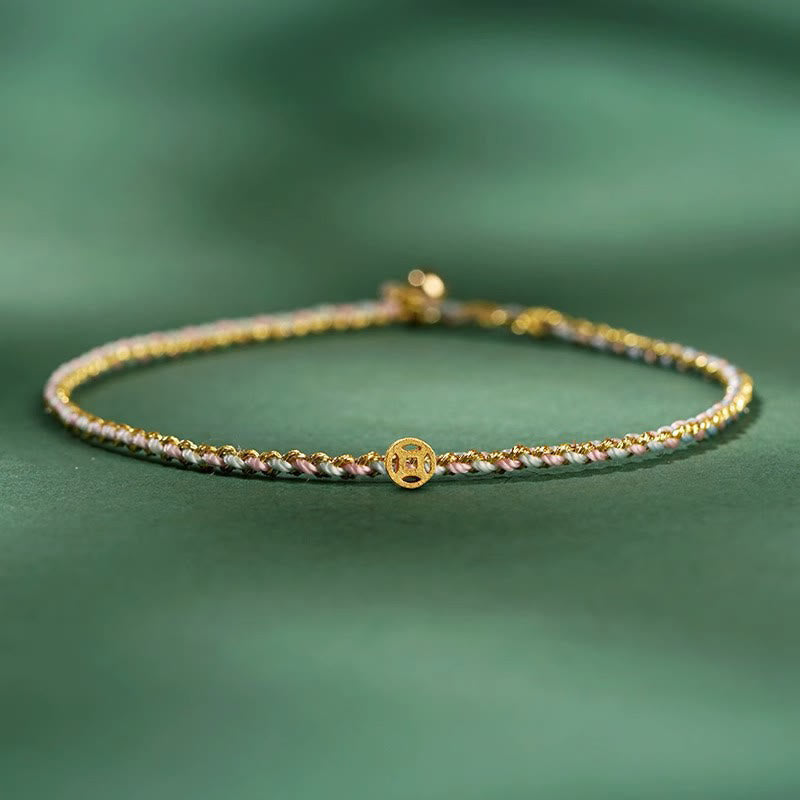 Buddha Stones Colorful Rope Luck Coin Bead Abundance Extra Thin Braided Bracelet - Light Pink - Rope With Copper Coin - 20cm - image 10