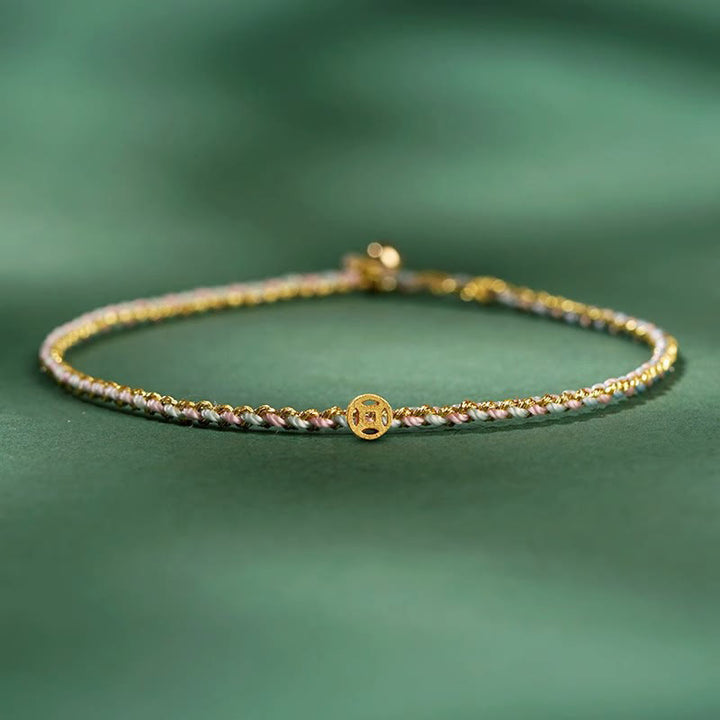 Buddha Stones Colorful Rope Luck Coin Bead Abundance Extra Thin Braided Bracelet - Light Pink - Rope With Copper Coin - 20cm - image 10