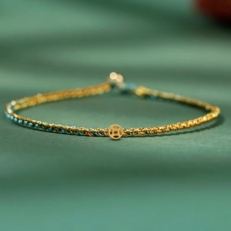 Buddha Stones Colorful Rope Luck Coin Bead Abundance Extra Thin Braided Bracelet - Green - Rope With Copper Coin - 20cm - image 12